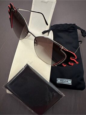 Prada Cat Eye Sunglasses Women’s designer glasses silver Frames with Red Flame